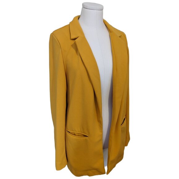 Womens Mustard Yellow Open Front Blazer Jacket Longline Office School Classic L - Picture 3 of 11